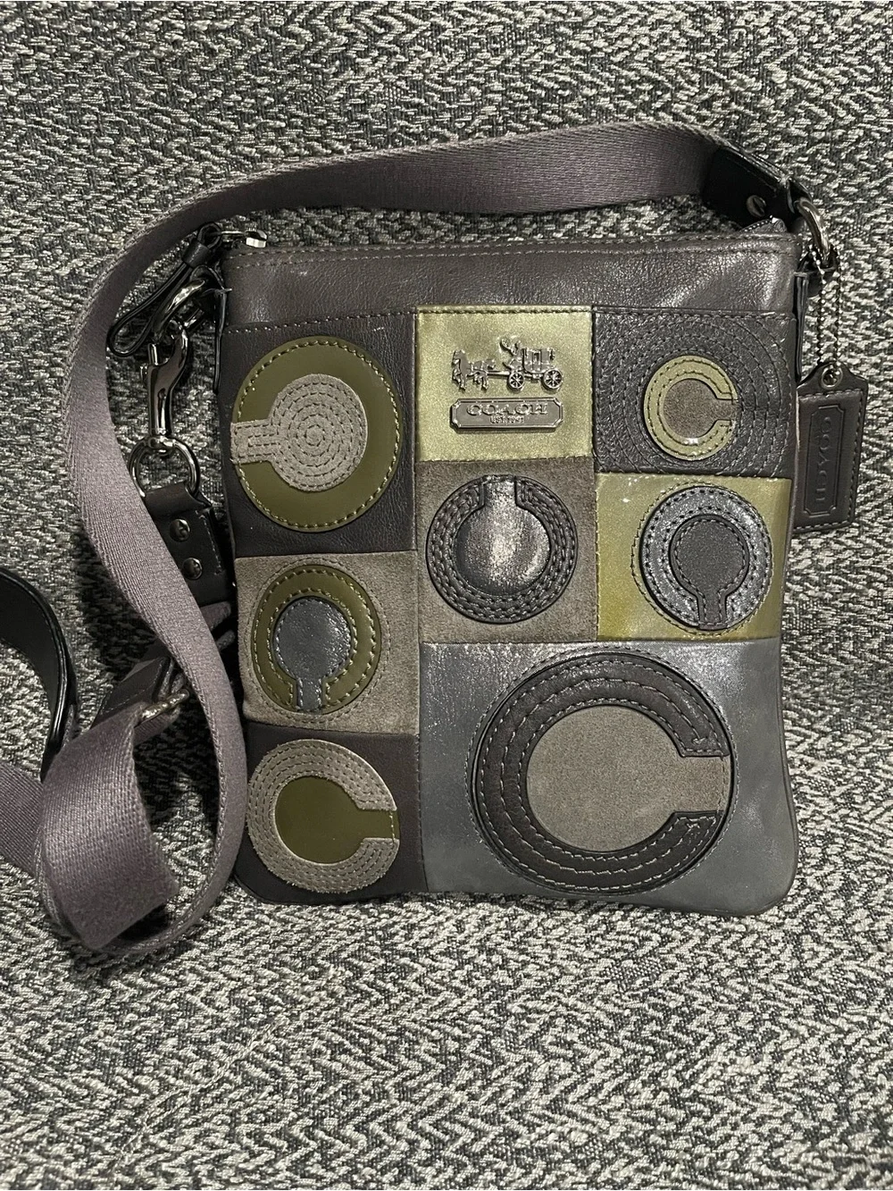 Coach Rare Mia Inlaid Leather & Sued Patchwork Messenger Bag in Olive and Gray
